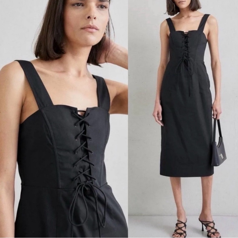 Staud | Sutton Lace up Corset Midi Dress in Black, Size  XXS